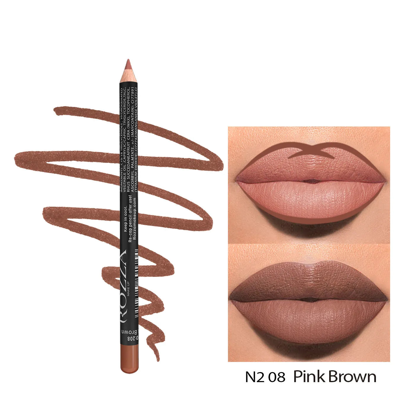 Matte finish lip liner pencil in wooden tone showing waterproof 24-hour formula
