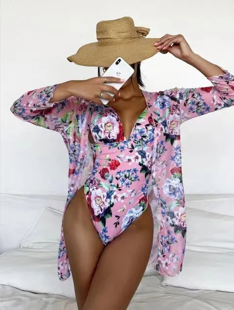 Women's floral print three-piece bikini set with matching cover-up coat in choice of seven colours