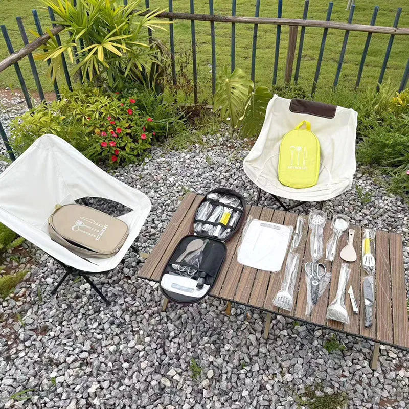 12-piece stainless steel picnic kitchenware set with knives, forks, spoons in portable storage bag