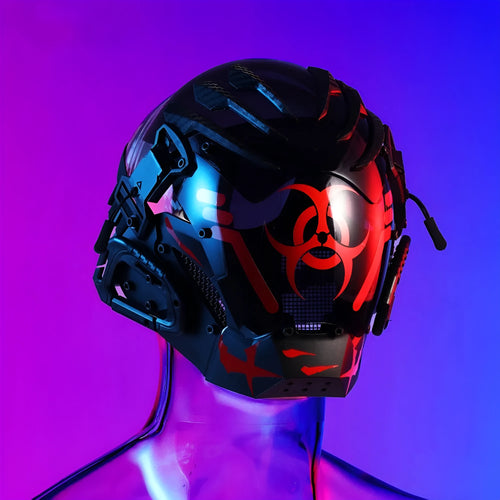 Black full face prop mask with bioweapon tech design for costume events