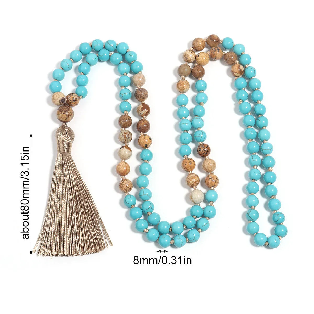 108 Mala necklace with blue pine painted turquoise beads on spherical beaded chain