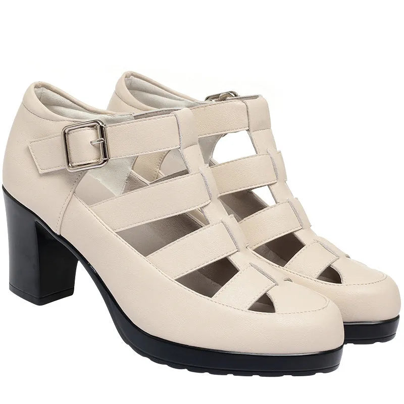 Women's closed toe sandals with chunky woven heels and adjustable ankle straps in black colour