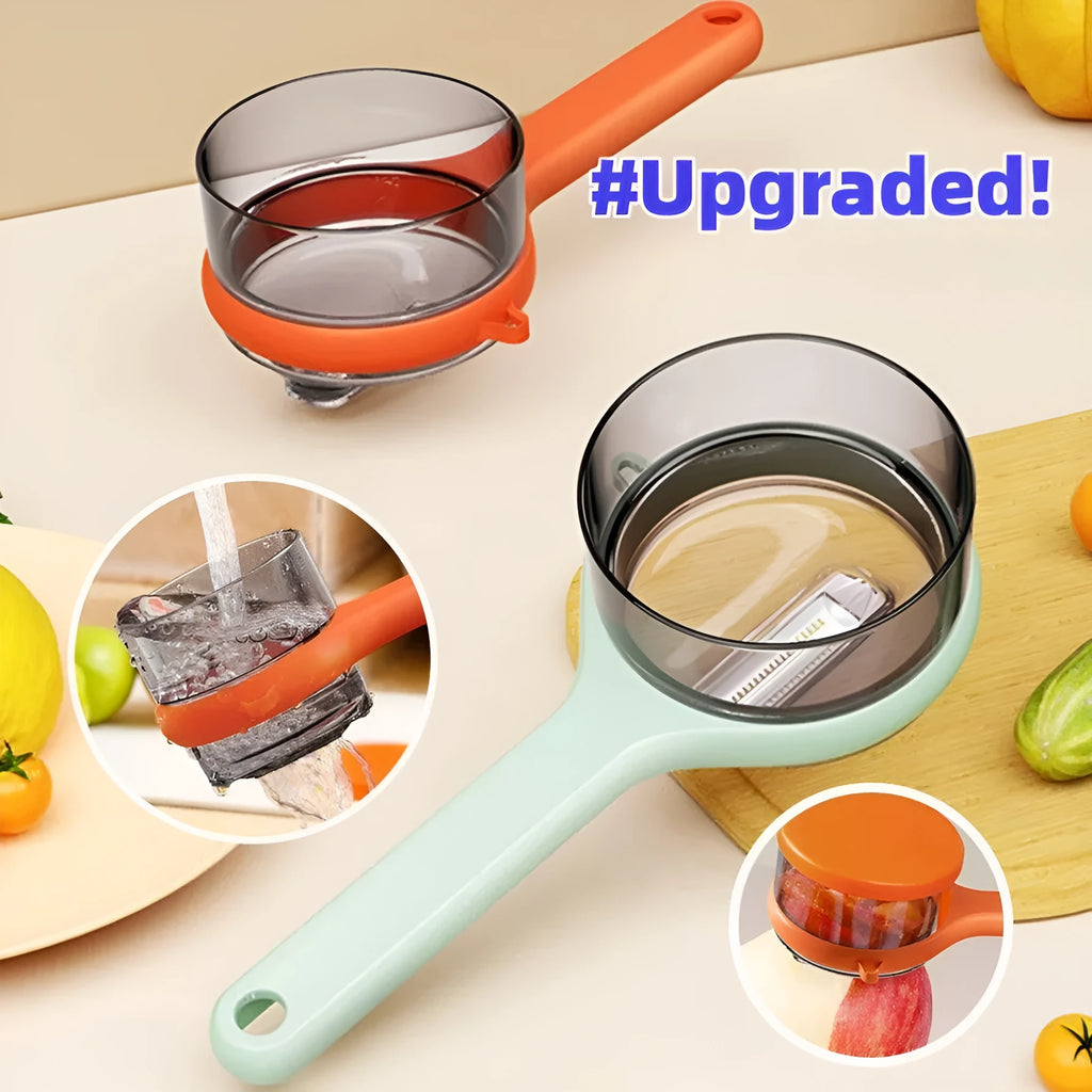 Light green kitchen peeler with integrated bucket storage for catching vegetable and fruit peels