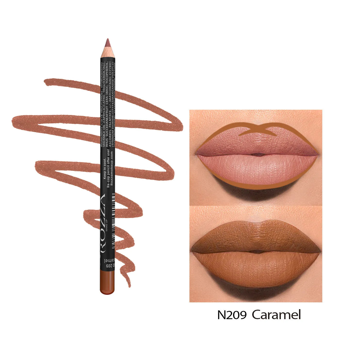 Lip liner pencil with matte finish in wood-toned shades showing 24-hour waterproof properties