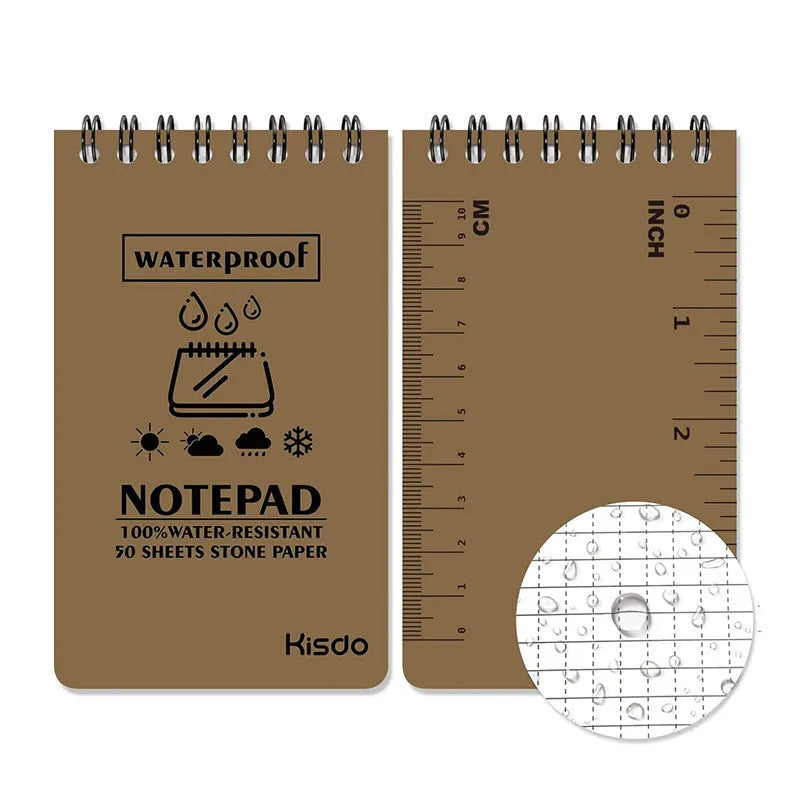 A5 spiral-bound waterproof notepad with PP cover and stone paper, shown in camouflage colour option.
