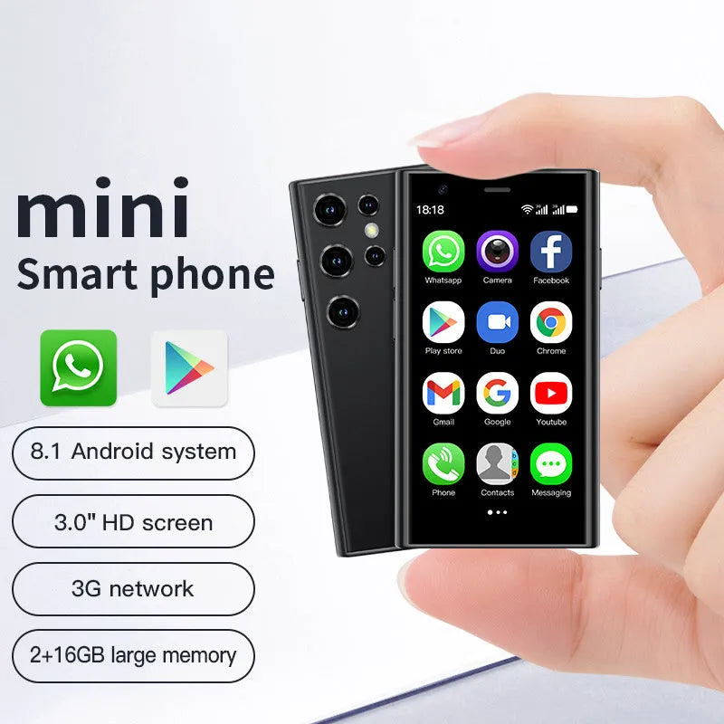 Mini smartphone with 30-inch screen in black, green or pink purple straight plate design showing Android interface