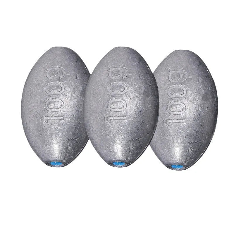 Tongxin olive lead fishing sinker with scale pattern in rugby shape, showing 10g to 150g weight options.