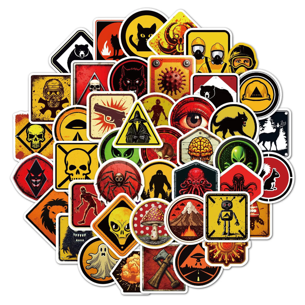 Pack of 50 waterproof PVC helmet stickers with bright film coating and four-colour printing.