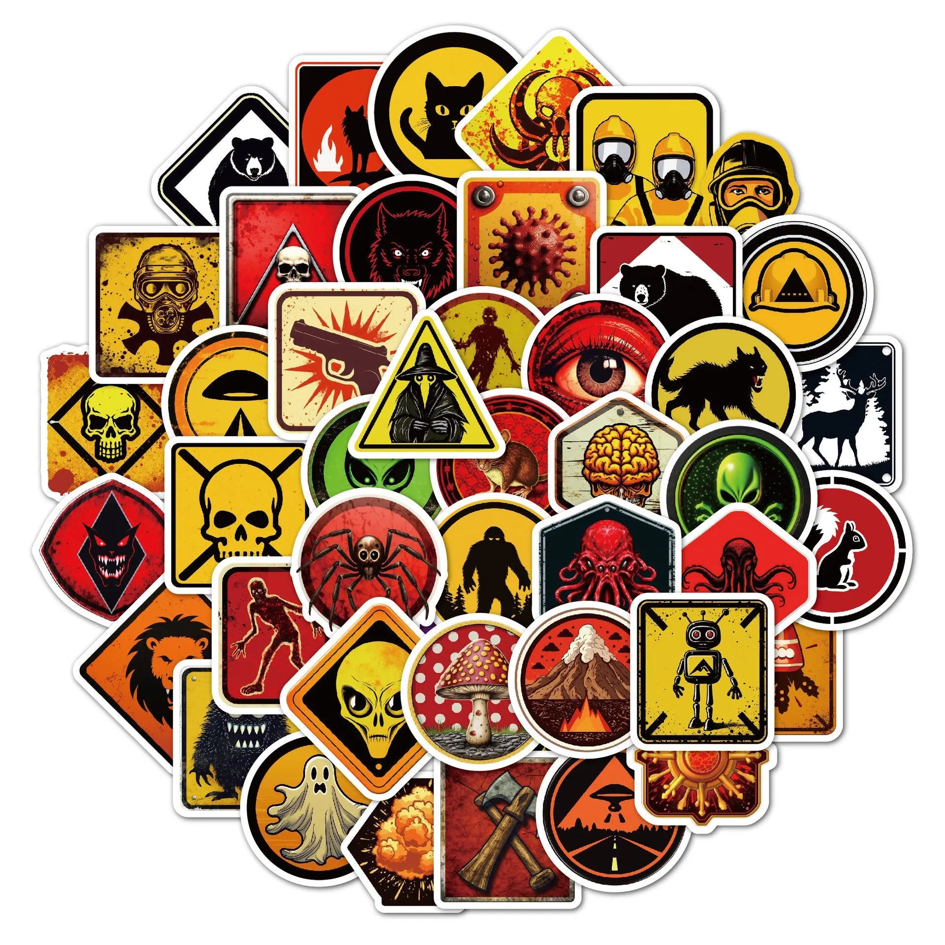 Pack of 50 waterproof PVC helmet stickers with bright film coating and four-colour printing.