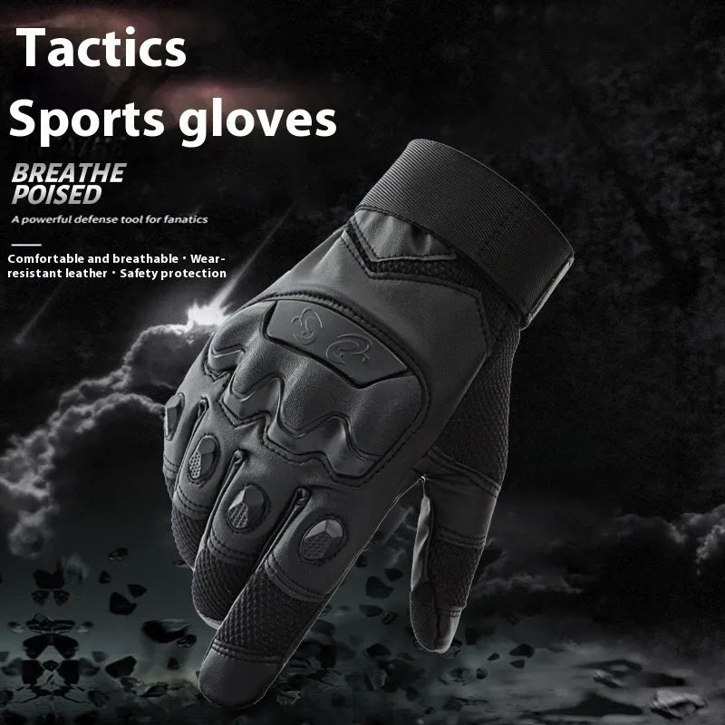 Men's black full finger tactical gloves with touch screen-compatible fingertips on a hand.