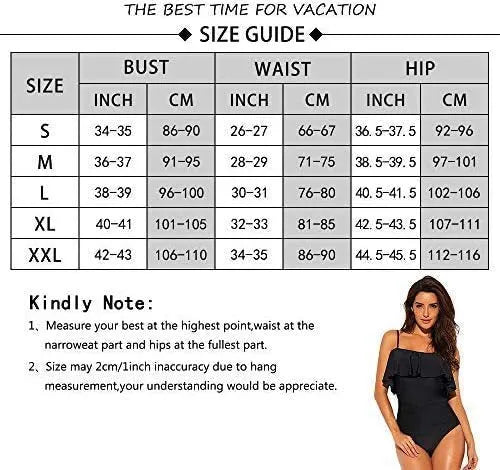 Black one-piece swimsuit with cut-out sides and ruffled shoulder straps