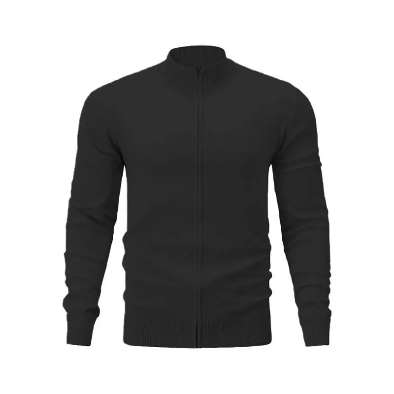 Men's grey stand collar zip-up casual sports sweater hanging on a plain background.