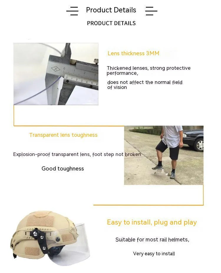 Transparent polycarbonate full face shield for safety helmet mounting.