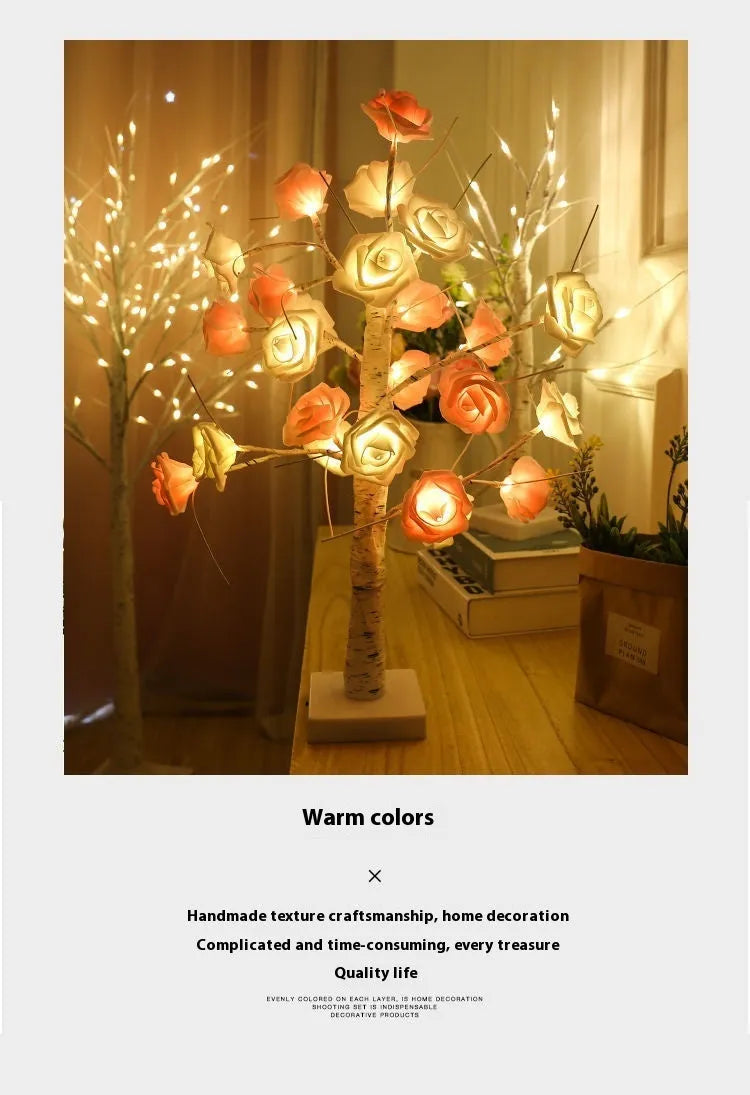 60cm rose tree lamp with 7cm pink and white rose heads and USB battery dual-purpose power