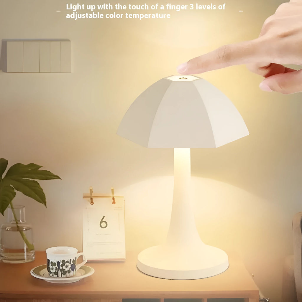 Small umbrella ambience light dimmable charging decorative table lamp in orange with three-colour stepless dimming