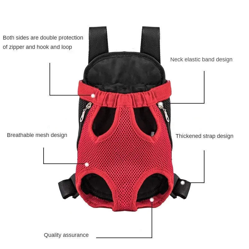 A person wearing an adjustable black nylon dog carrier backpack on their front, containing a small dog looking out.