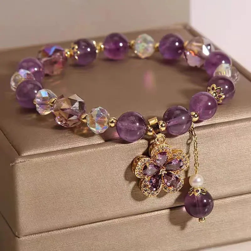 Natural amethyst fox pendant bracelet with purple crystal five-leaf flower and nine-tailed fox design
