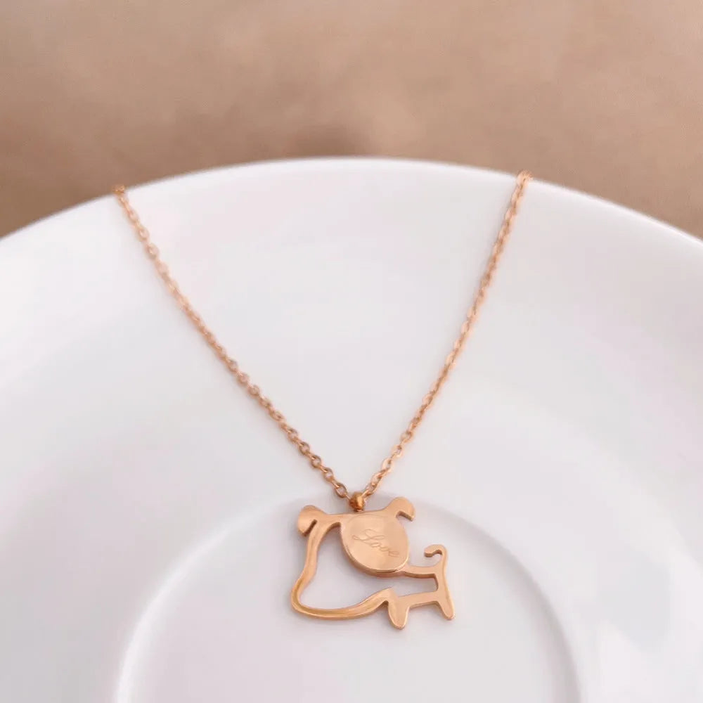 Rose gold titanium steel clavicle chain necklace with geometric line design on white background
