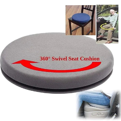 Circular grey car seat cushion showing 360-degree rotation on a car seat