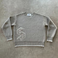 Grey loose-fitting jacquard knitwear coat with long sleeves on a hanger.