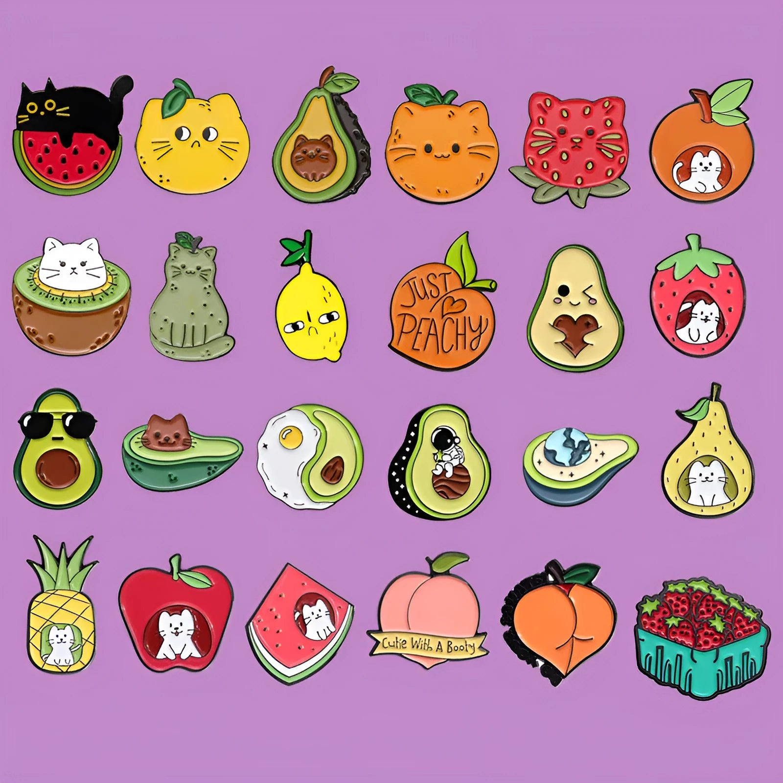 Colourful cartoon-style fruit metal brooch with a pin back on a denim jacket lapel.