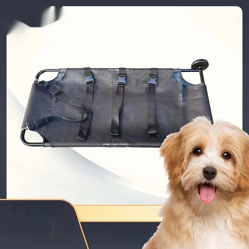 Large black aluminium alloy folding stretcher for dog emergency transport.
