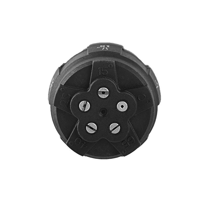 Multi-functional five-pattern spray nozzle for high-pressure water gun with rotating dial.