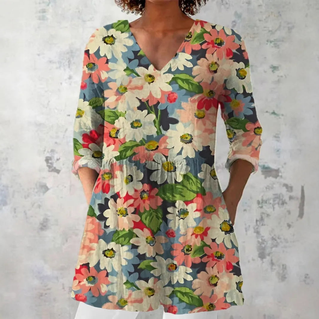 Women's retro-style printed long-sleeved top in a slim fit, shown in a colour option, suitable for smart casual wear.