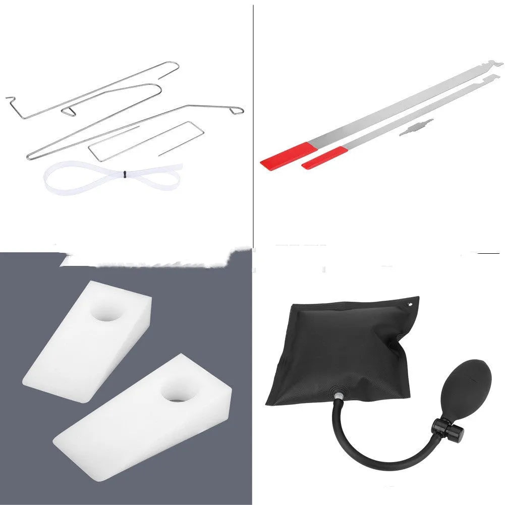 9-piece automotive maintenance tool set with air pump wedge, plastic wedges, hooks, and crowbars for vehicle emergency access