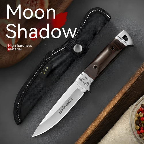 Camping portable fruit knife with stainless steel blade and brown leather protective case