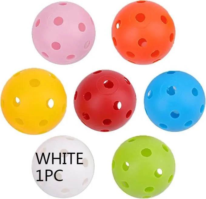Multi-colour golf practice balls in red, orange, blue, green, white, and yellow with net pocket packaging