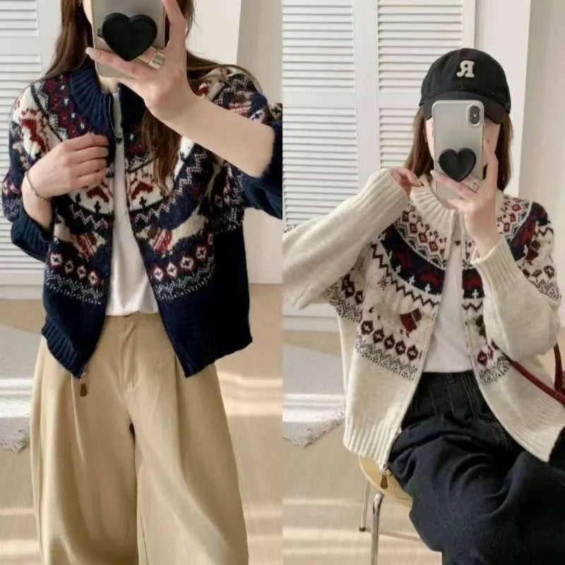 Ethnic style 3D jacquard pattern round neck pullover sweater in apricot beige colour