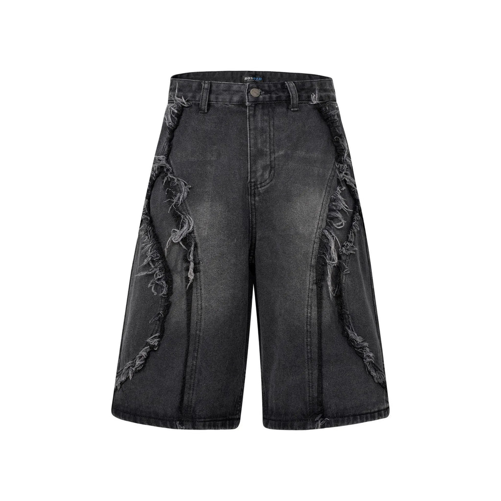 Distressed denim shorts with raw edge finish in straight cut available in three colours