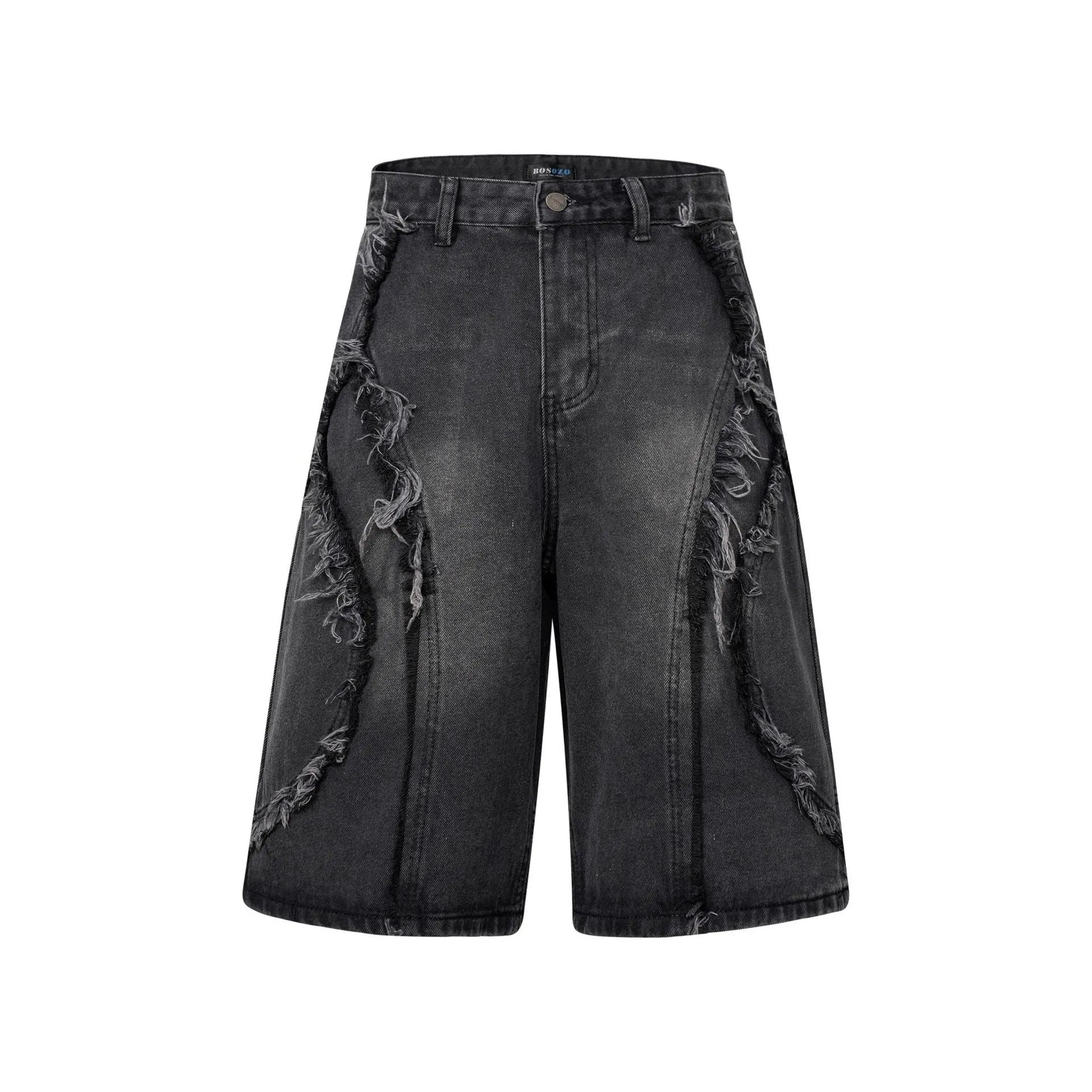 Distressed denim shorts with raw edge finish in straight cut available in three colours