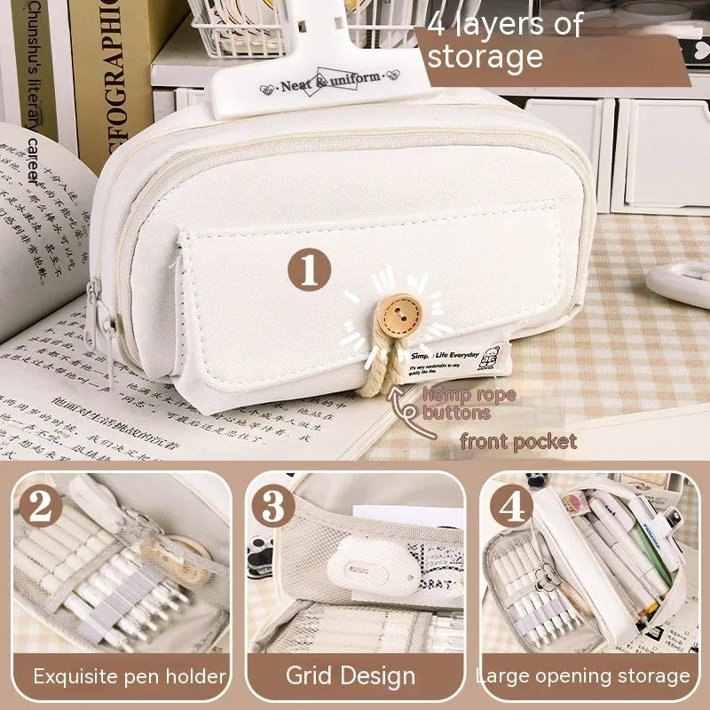 Green canvas pencil case with large capacity for about 80 pens, showing simple Korean style design.