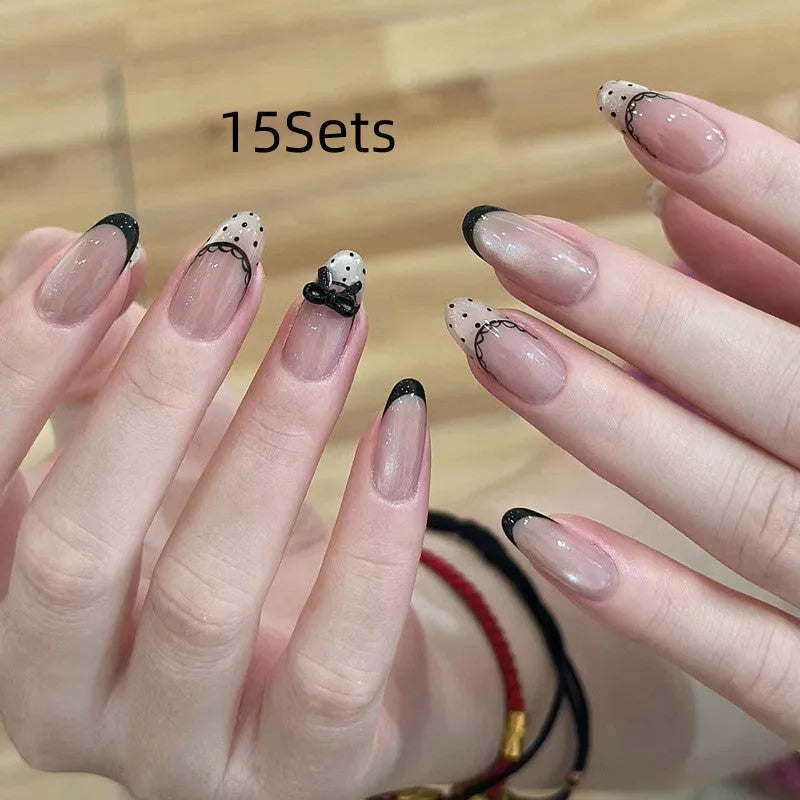 Sweet Girl Wearing Fake Nails press-on artificial nail sets in random colours for DIY application.