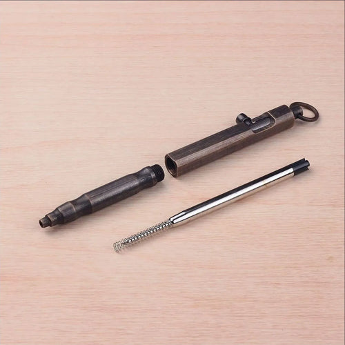 Brass hexagonal bolt tactical pen in natural colour and retro black, showing machined metal construction.