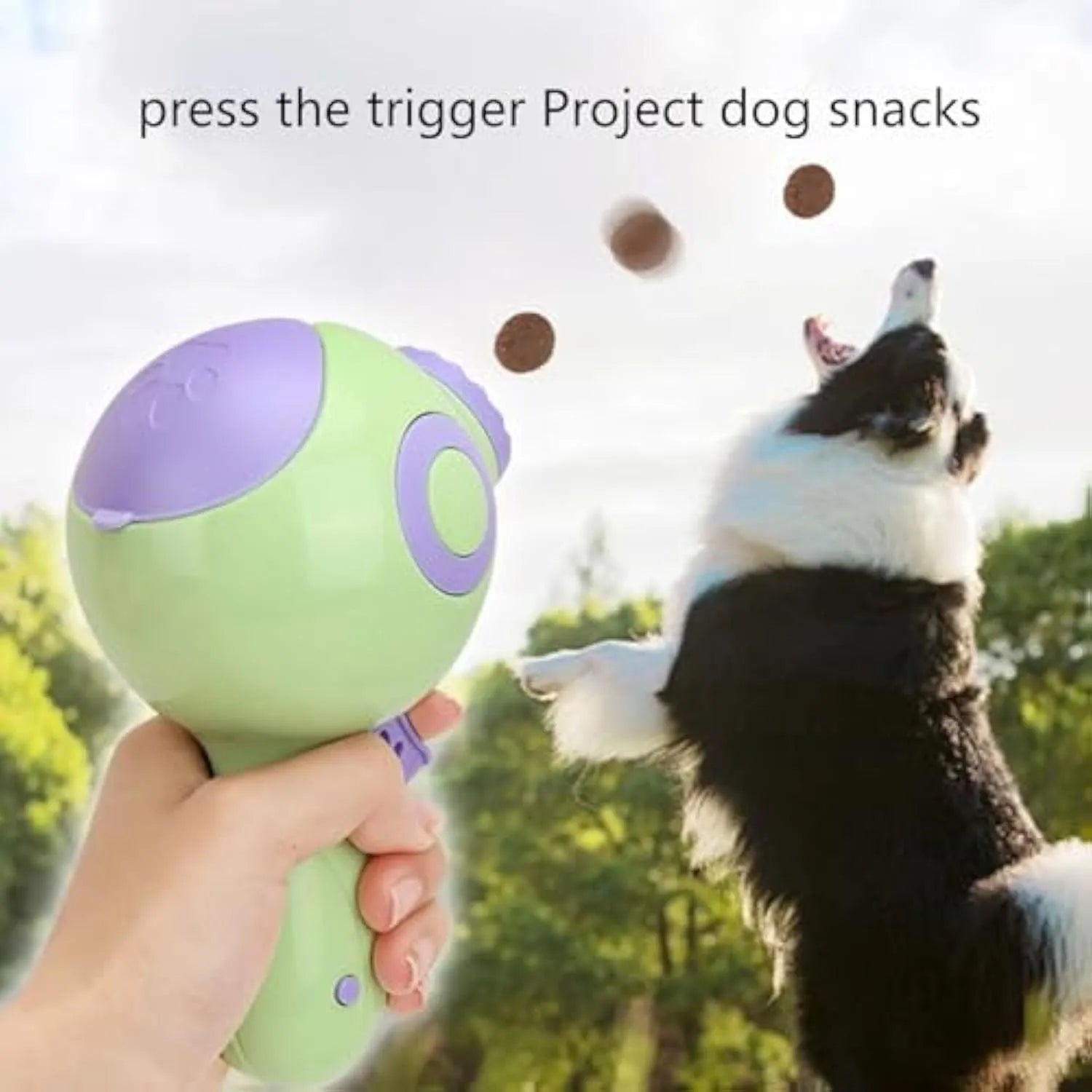 Green, orange, or pink dog treat launcher toy for interactive pet training and slow feeding