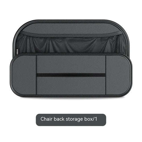 Black leather car seat back storage bag showing dimensions and customisable compartments