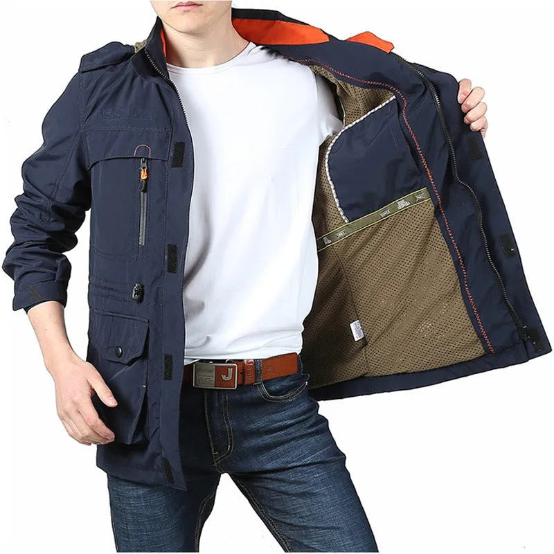Men's casual outdoor hooded plus size jacket in letter print, stand-up collar, zipper front, thin polyester fabric
