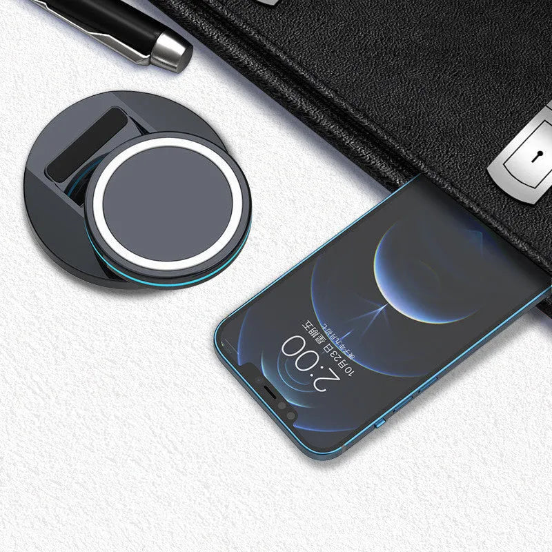 Magnetic wireless charging stand folded and unfolded showing iPhone 12 compatibility and USB connection
