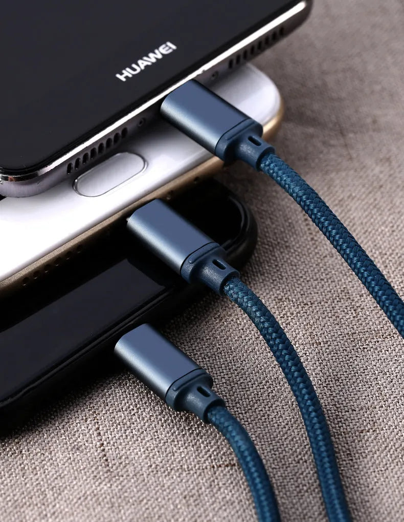 One For Three braided charging cable with USB, Micro USB, and Type-C connectors, 1.15m, black