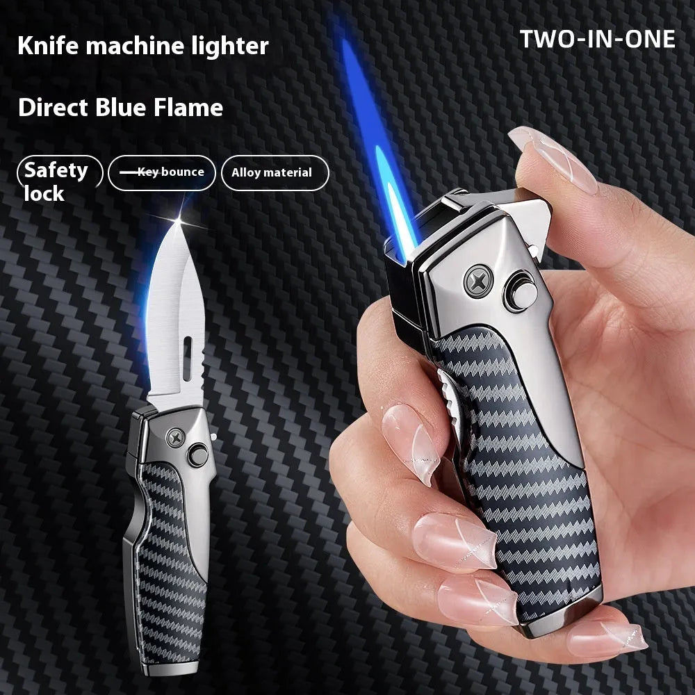 Metal folding lighter and pocket knife combo tool in zinc alloy with straight jet flame and folding blade