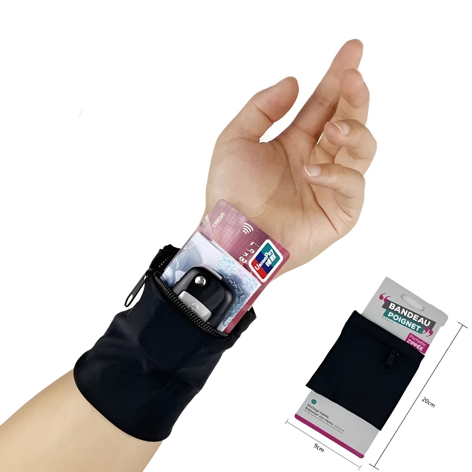 Black wrist bag armband sleeve with strap, showing 10cm by 10.5cm front pocket for a mobile phone.