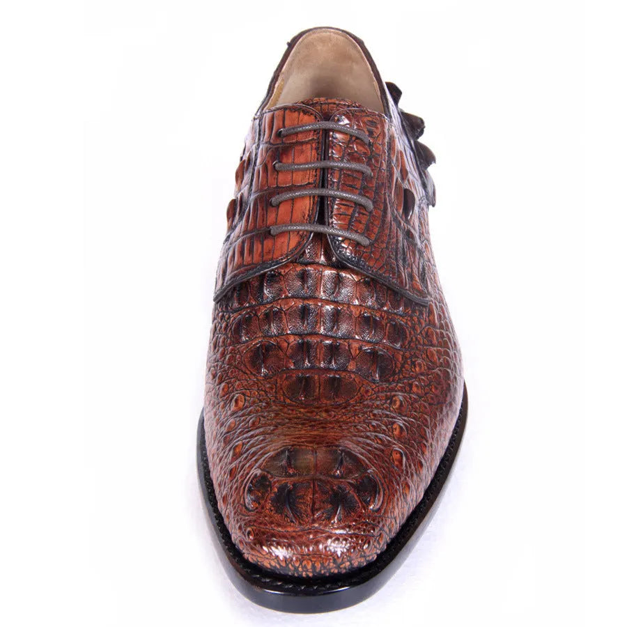 Men's brown crocodile skin leather dress shoes on display, low-top business style