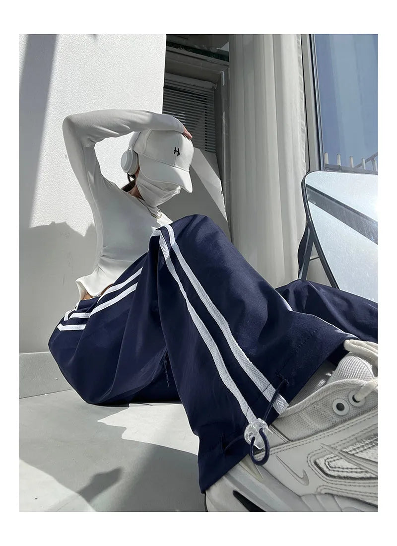 Women's loose straight-leg trousers with ribbon parallel bars contrast colour design in navy blue