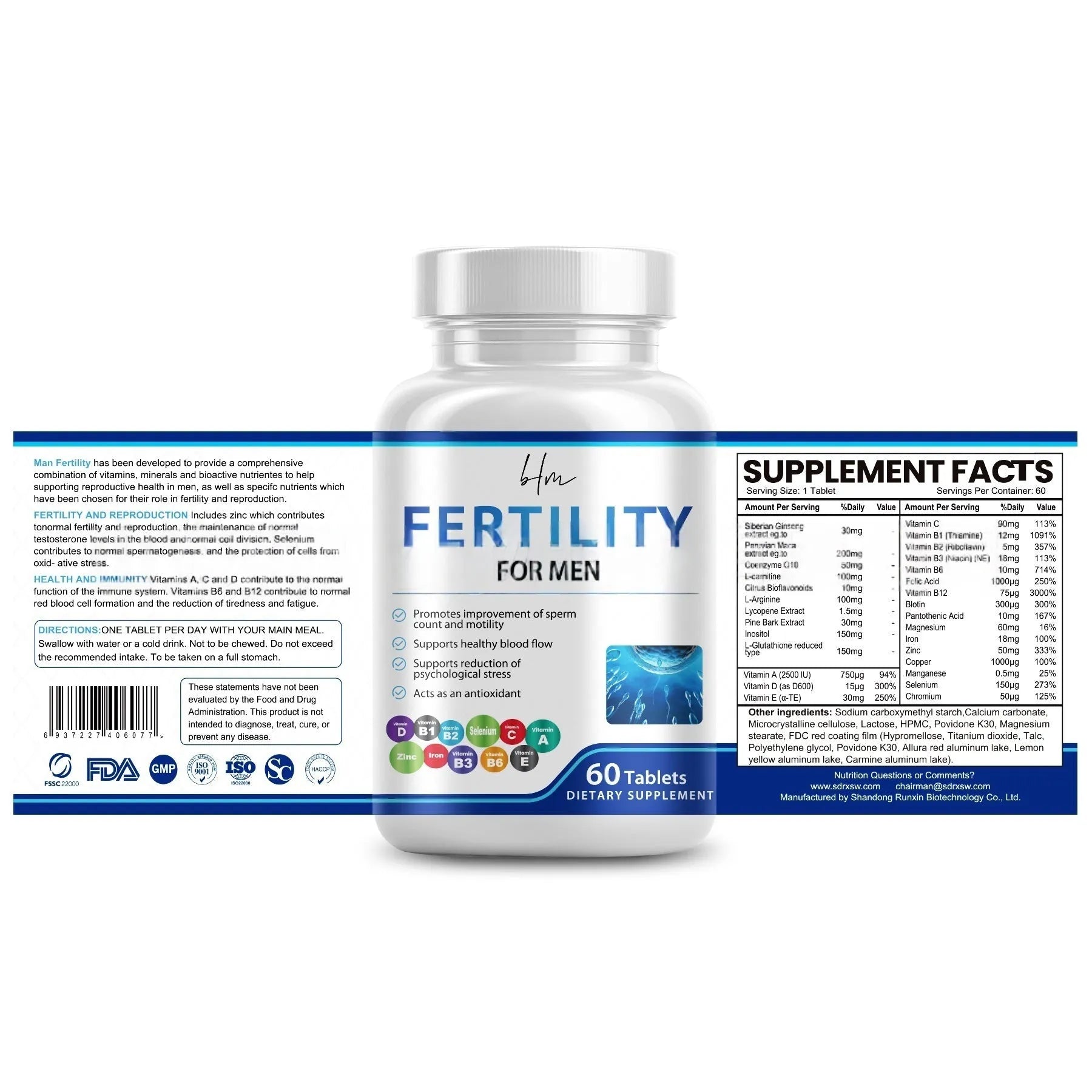 Sealed bottle of 60 male fertility supplement tablets with COMLEX vitamin mineral amino acids label