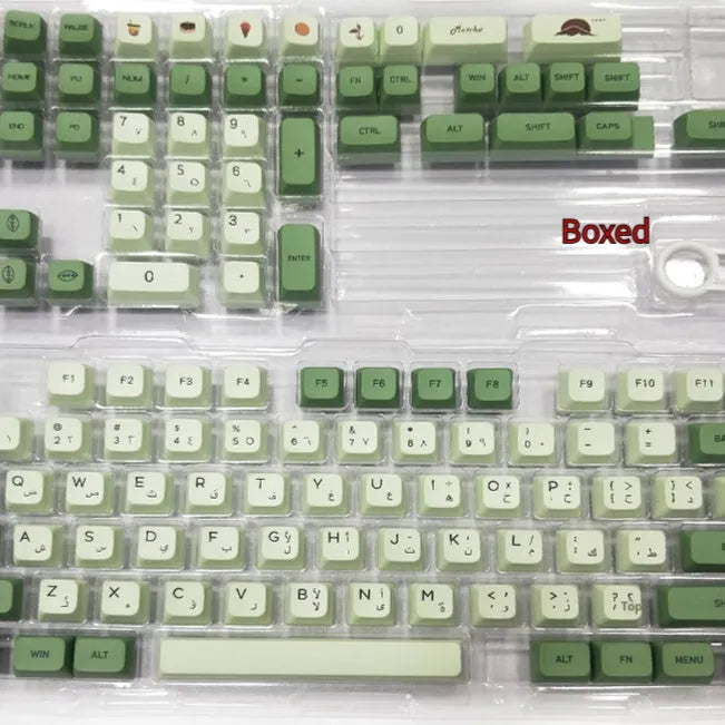 Matcha coloured PBT keycap set with 124 keys showing multiple language legend options