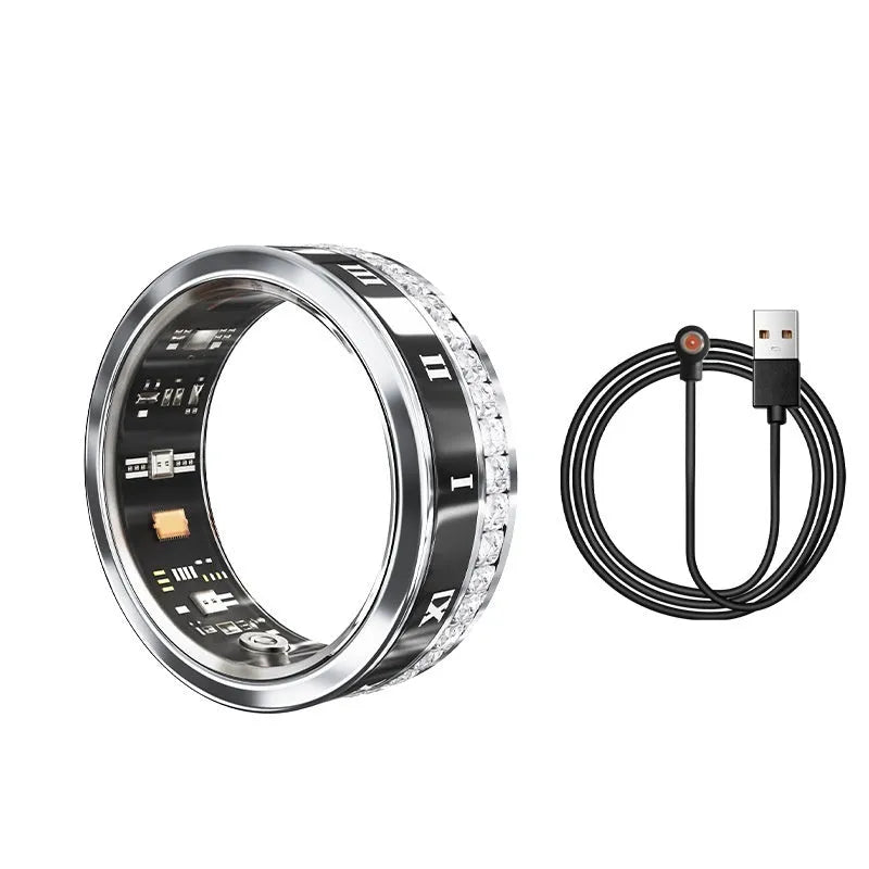 Diamond inlaid smart ring in silver and gold colours with blood oxygen monitoring technology