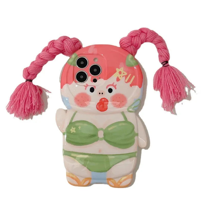 Pink and green cartoon girl silicone iPhone case for iPhone 11 12 13 14 models.